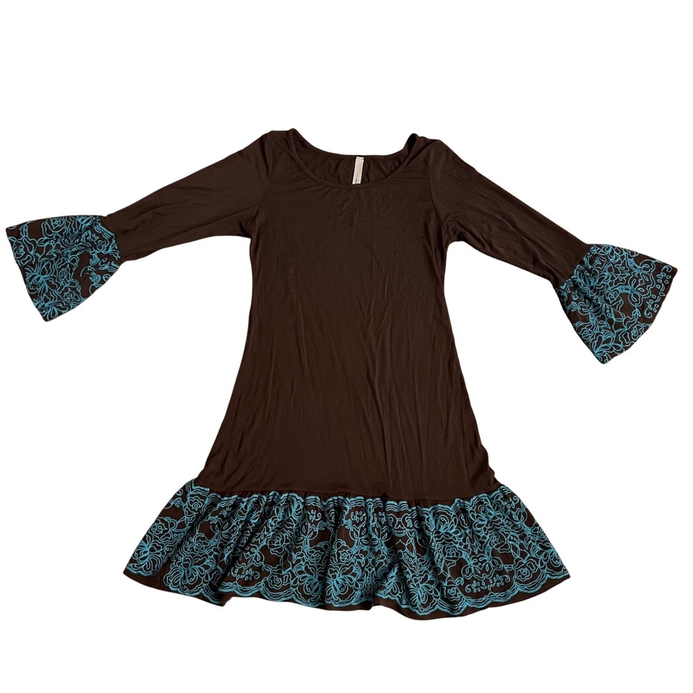 Cream 2 Brown Turquoise painted 
Bell sleeve Tunic Dress Small southwesten